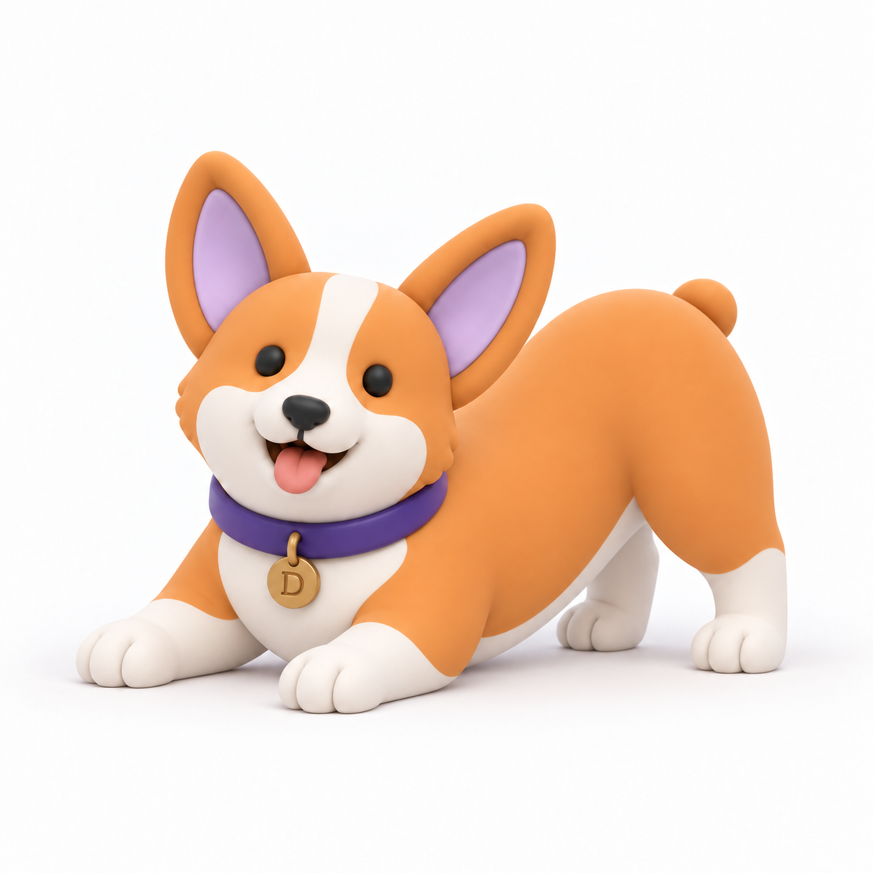 Diego, a clay corgi, in a play bow