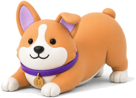 Diego, a clay corgi, in a play bow