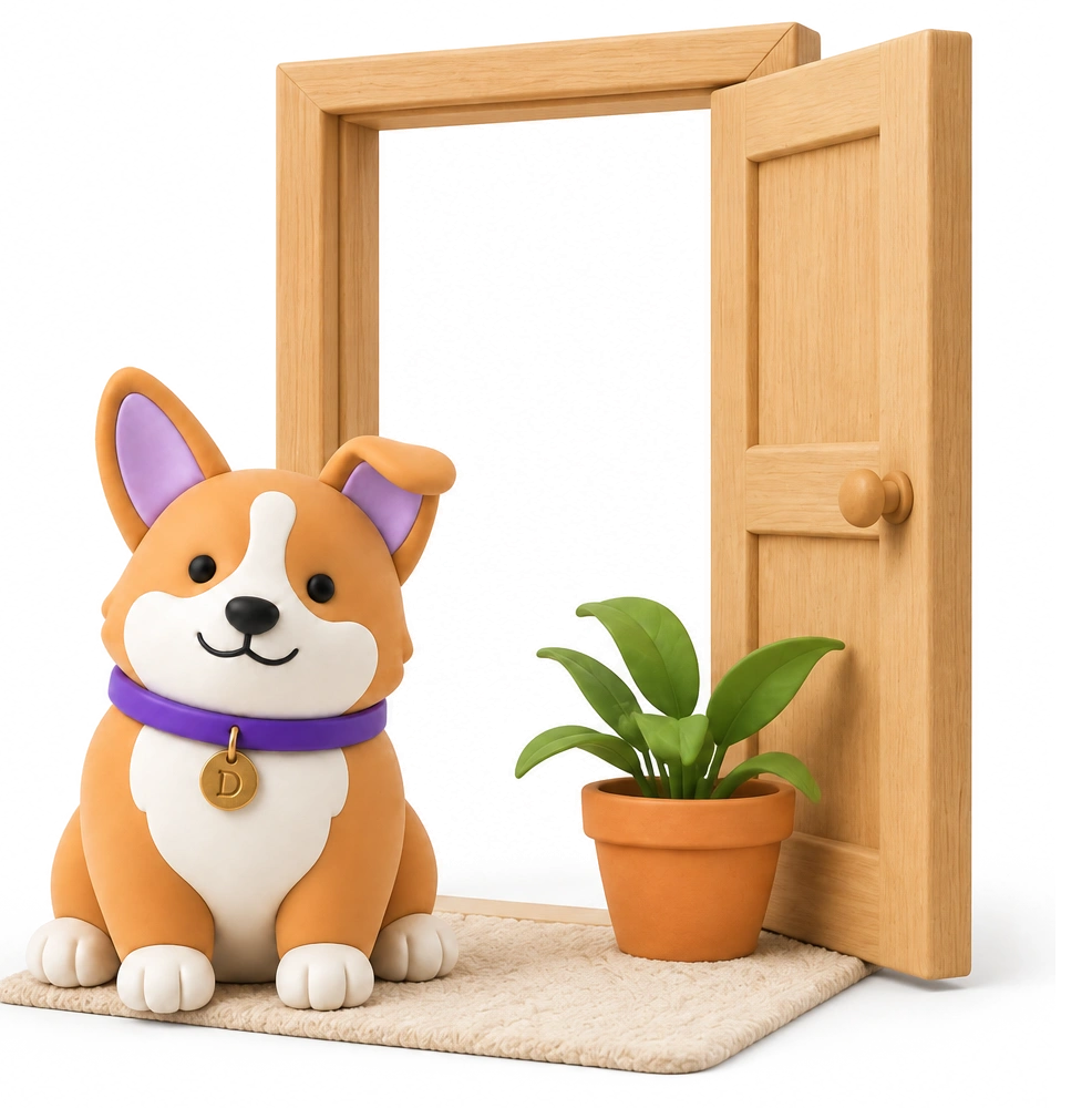 Diego sitting beside an open doorway in a familiar welcome